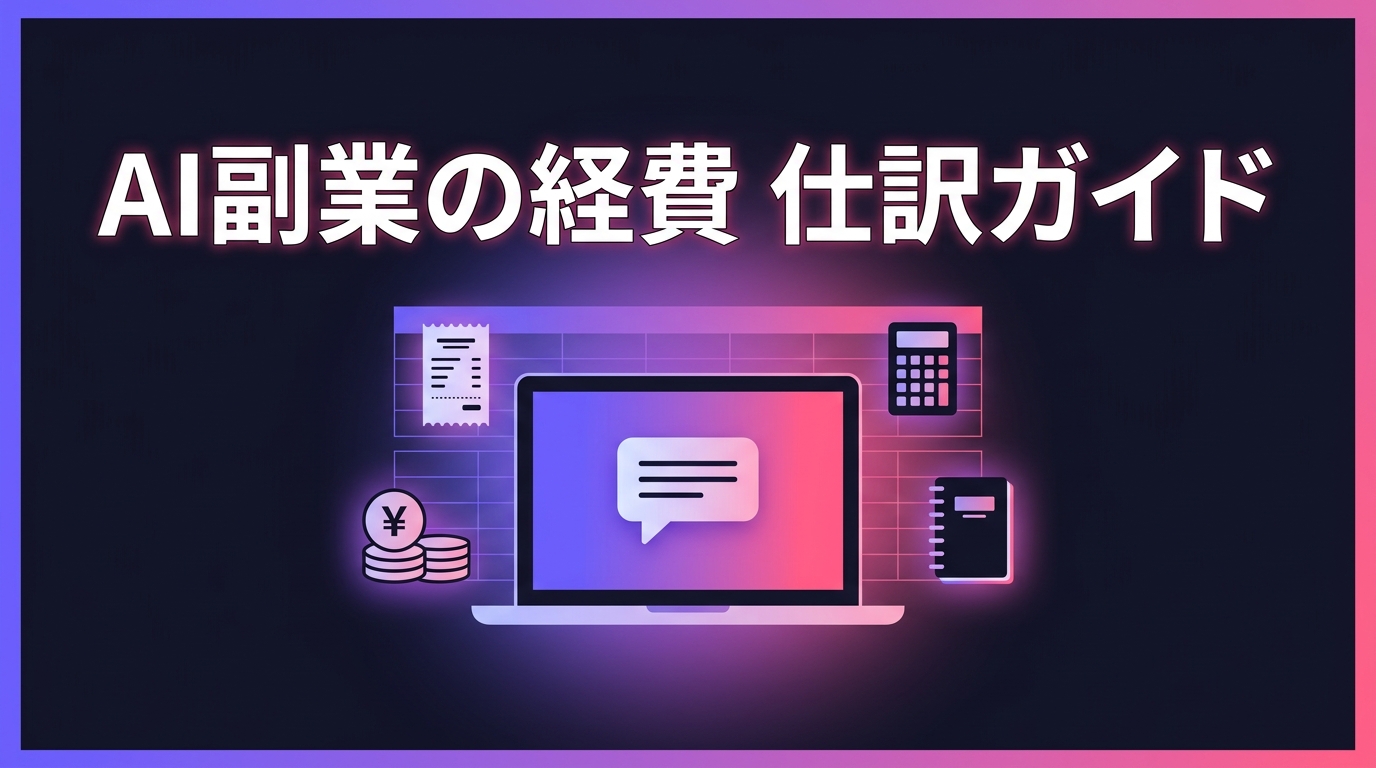AI副業の経費仕訳ガイド。ノートPCとチャット画面、領収書、電卓、コイン、ノートを紫とピンクのグラデーションで表現したアイキャッチ画像
