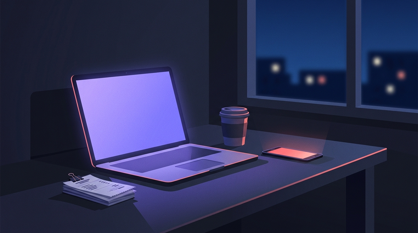 夜のデスクでノートパソコンが灯り、レシートが整理された状態で置かれている落ち着いた作業風景