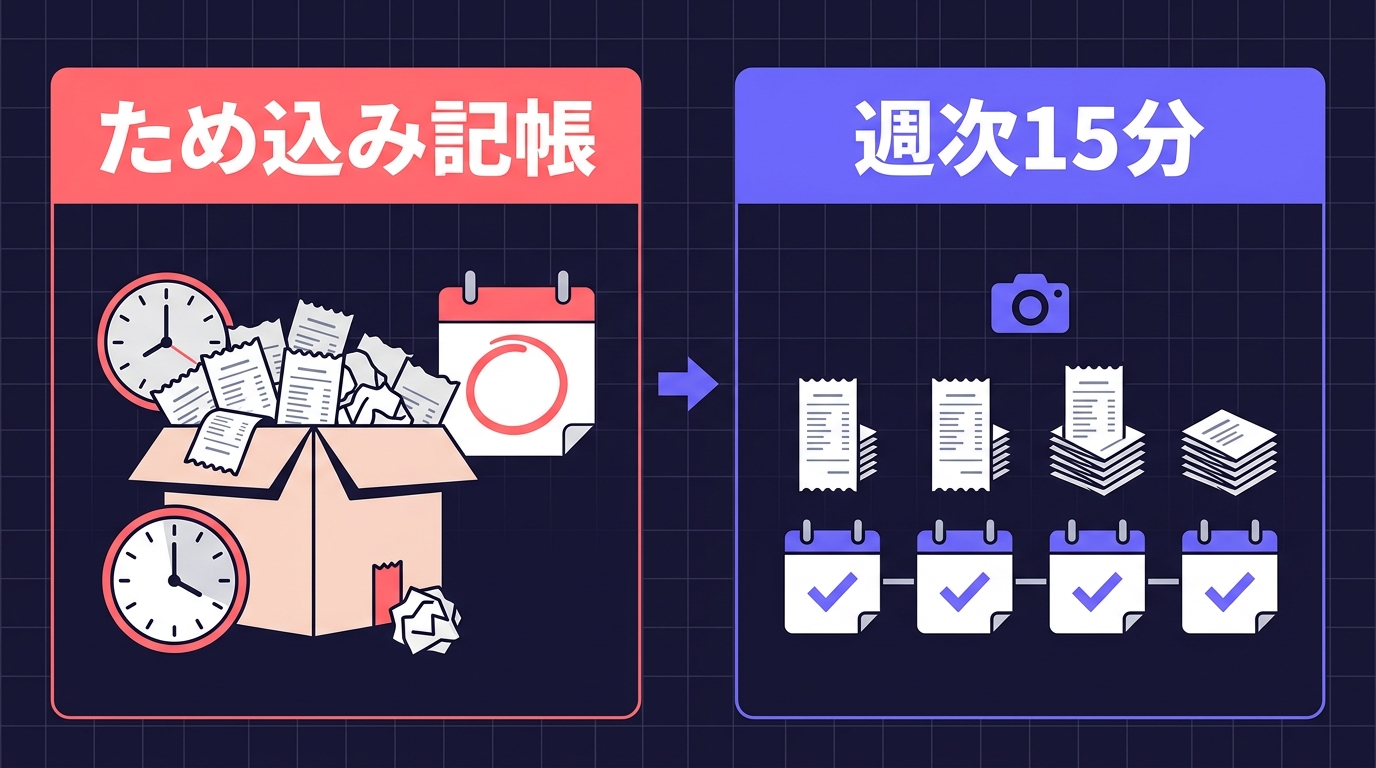 ため込み記帳と週次15分の記帳を左右で比較した図。左は山積みのレシート箱と締切のカレンダー、右は4回に分かれた小さなレシートの束とチェックマーク