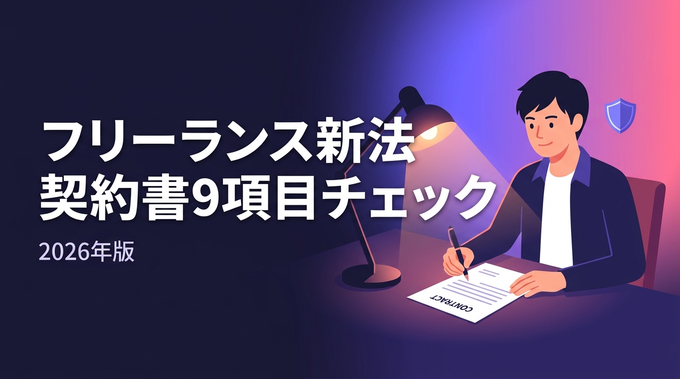 フリーランス新法の契約書9項目チェックをテーマにしたアイキャッチ画像。デスクで契約書にサインするフリーランスワーカーのイラスト