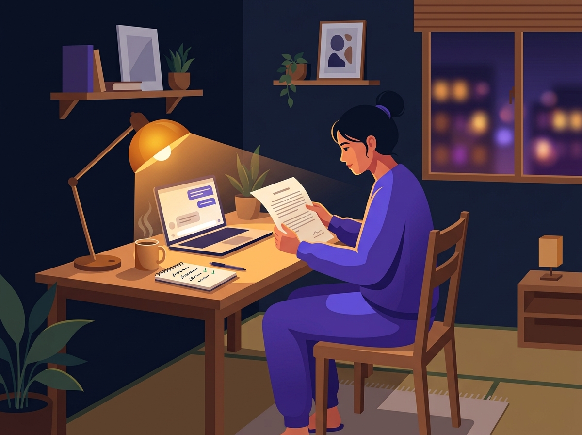 夜の自宅デスクで届いた契約書をランプの明かりの下で確認するフリーランスワーカーのイラスト