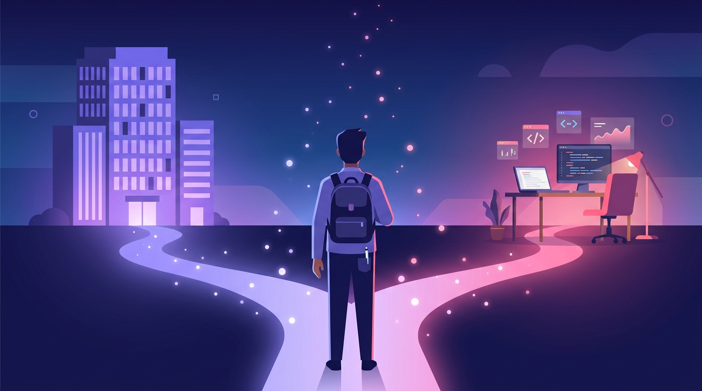 正社員としての転職とフリーランス案件、2つの道の分岐点に立つエンジニアのイメージイラスト