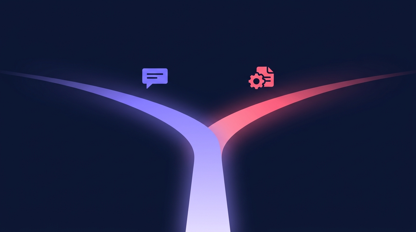 2つの道が分岐する抽象的なイラスト。片方はチャット吹き出し、もう片方は歯車と書類のアイコン