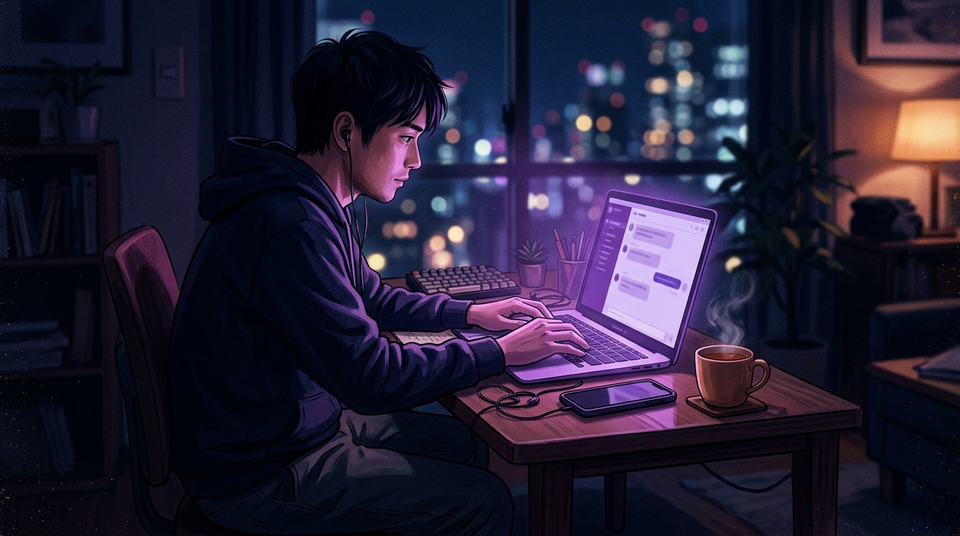 夜、自宅のデスクでノートパソコンとスマートフォンを使いながら副業に取り組む人のイラスト