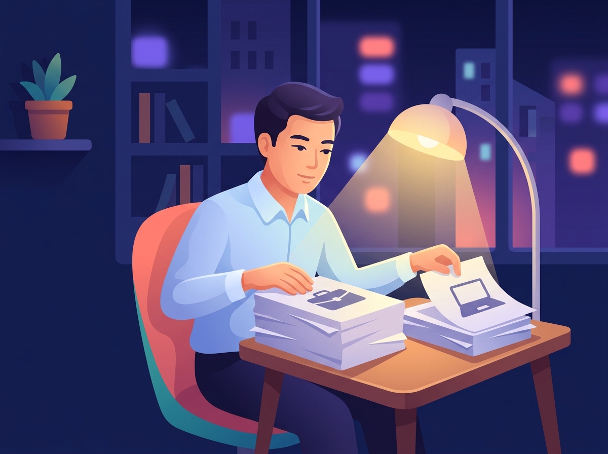 夜のデスクで本業と副業、2種類の書類の束を落ち着いて整理する会社員のイラスト