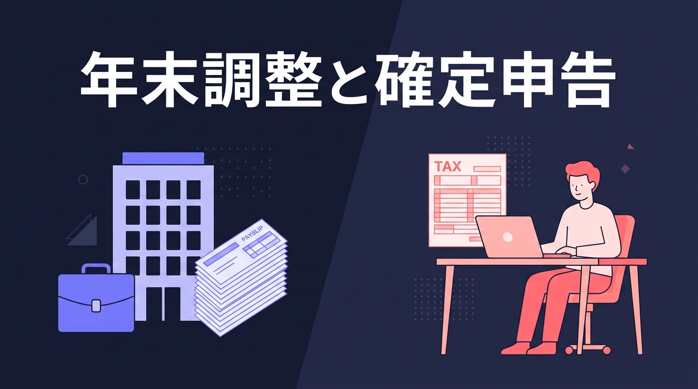 年末調整と確定申告の違いを表すイラスト。左に会社が処理する年末調整、右に自分でパソコンとTAXフォームに向き合う確定申告の様子
