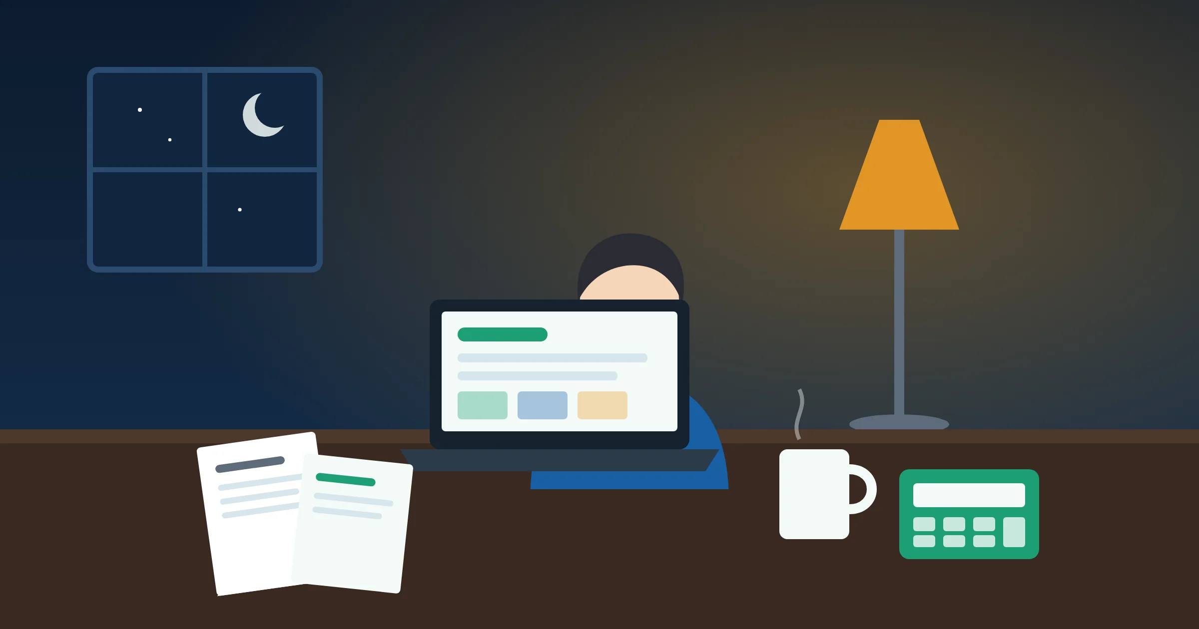 夜、自宅の机でノートPCと領収書を並べて副業の帳簿を整理する会社員のイラスト