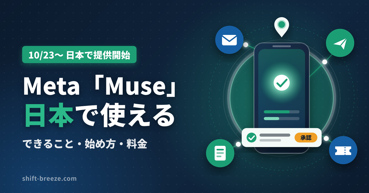 Meta「Muse」日本でできること・始め方・料金のアイキャッチ。スマホ画面に、ホテル探しを頼む会話と「予約する前に承認」のボタン